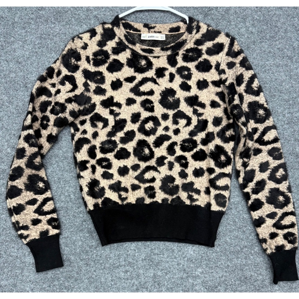 Zara Knit Leopard Print Fuzzy Eyelash Sweater Tan Black Size M